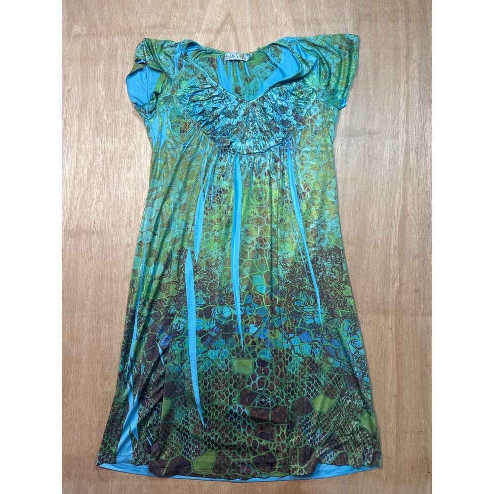 Unity World Wear Blue Green Abstract Animal Print Ruffle V-Neck Dress Medium